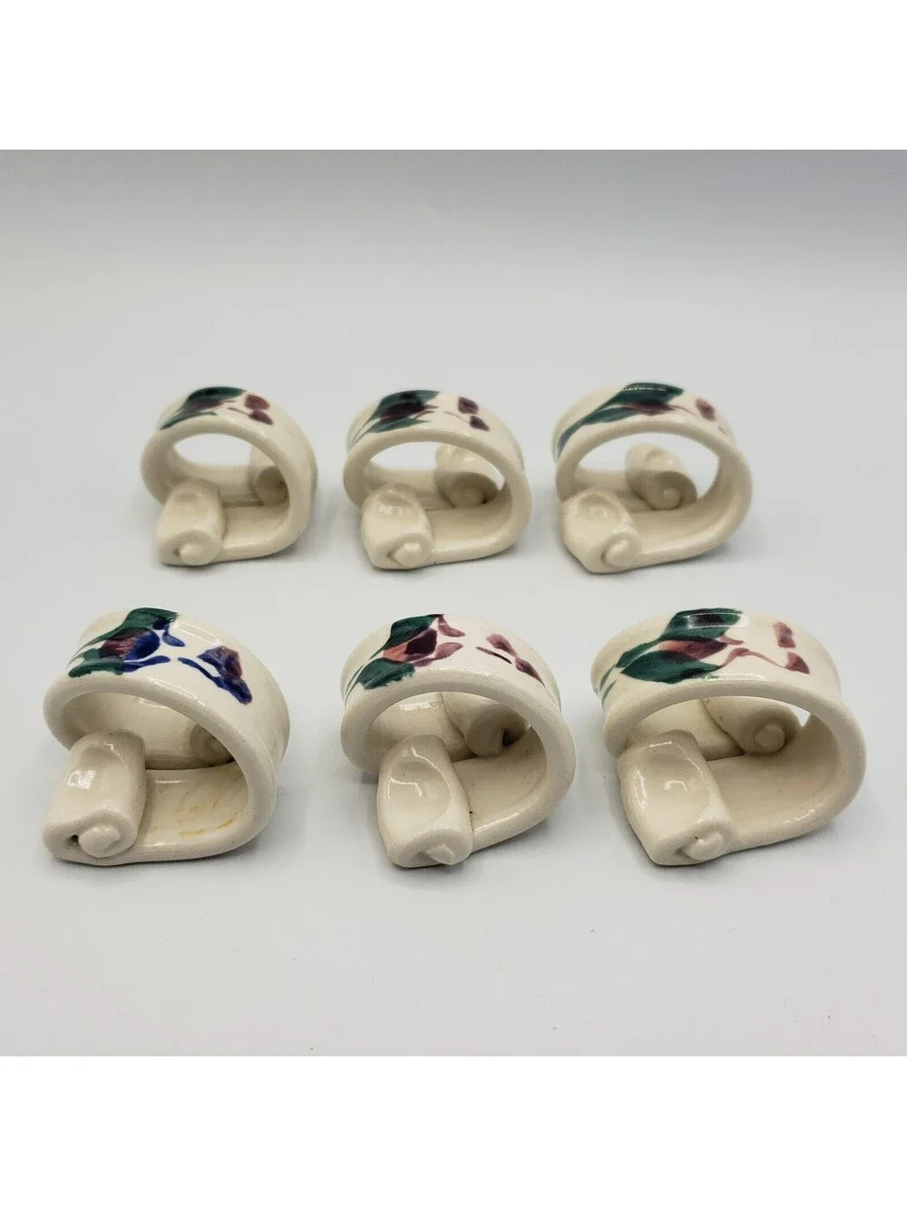 Art Pottery Napkin Rings Set of 6 White Purple Flower Hand Made Artisan